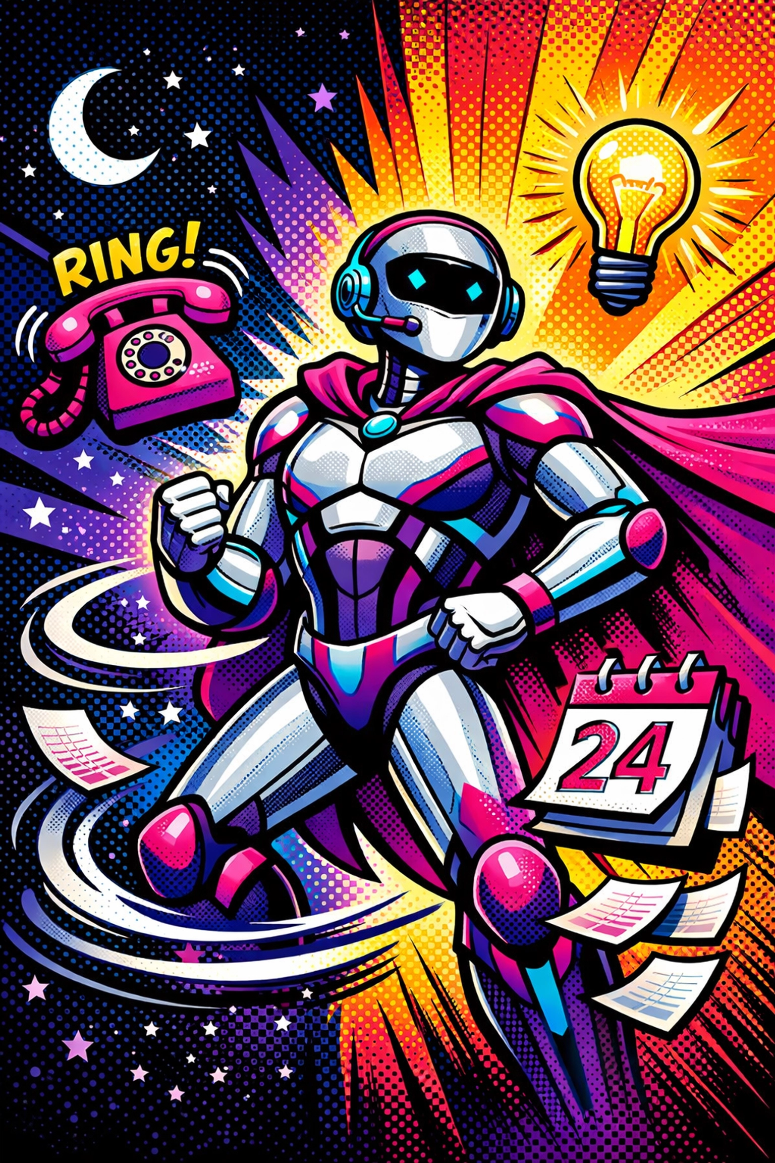 Heroic robot representing an AI virtual assistant for business providing 24/7 workflow automation.