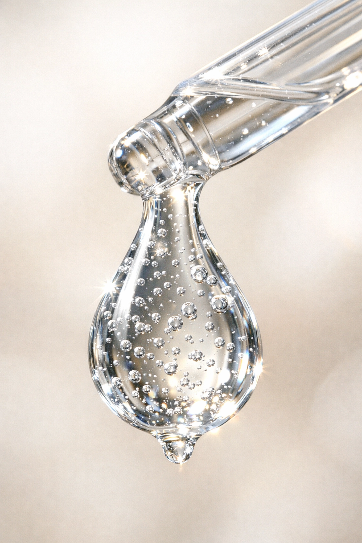 Pure snail mucin essence droplet on a pipette, showing the viscous texture used for deep skin hydration.