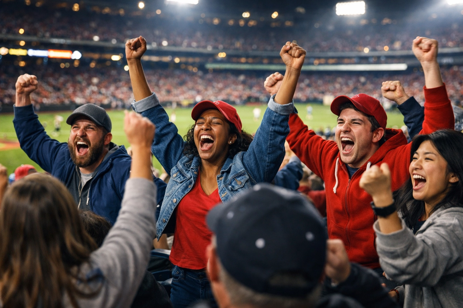 Enthusiastic fans celebrating at a stadium, showcasing the human impact of strategic sports marketing.