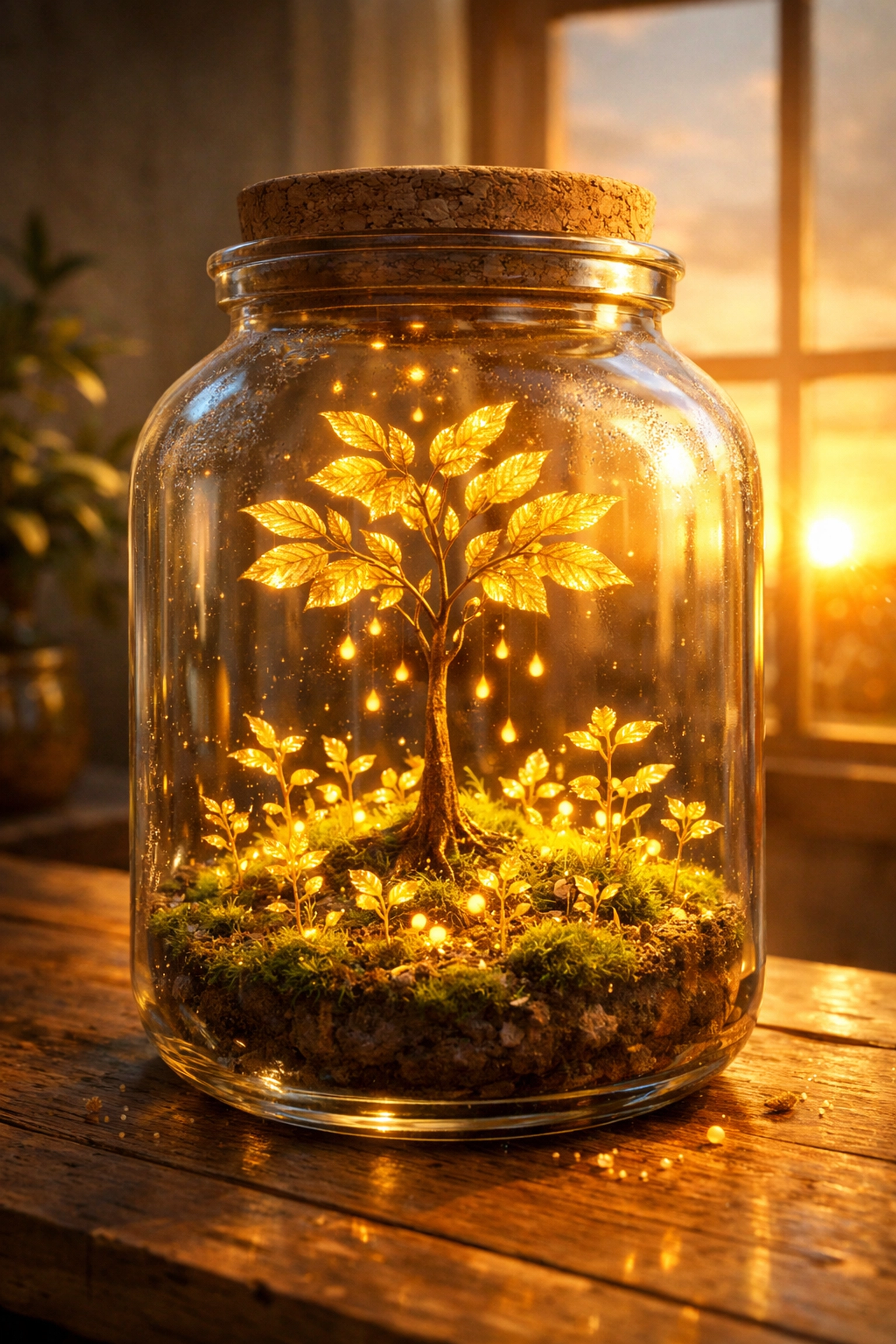 A golden sapling in a glass jar representing the growth of compound interest over time.
