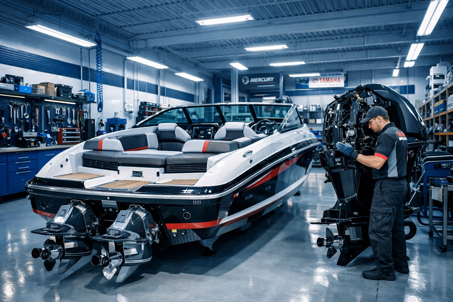 Expert boat repair technician servicing an outboard motor in a modern Oklahoma City marine service center.