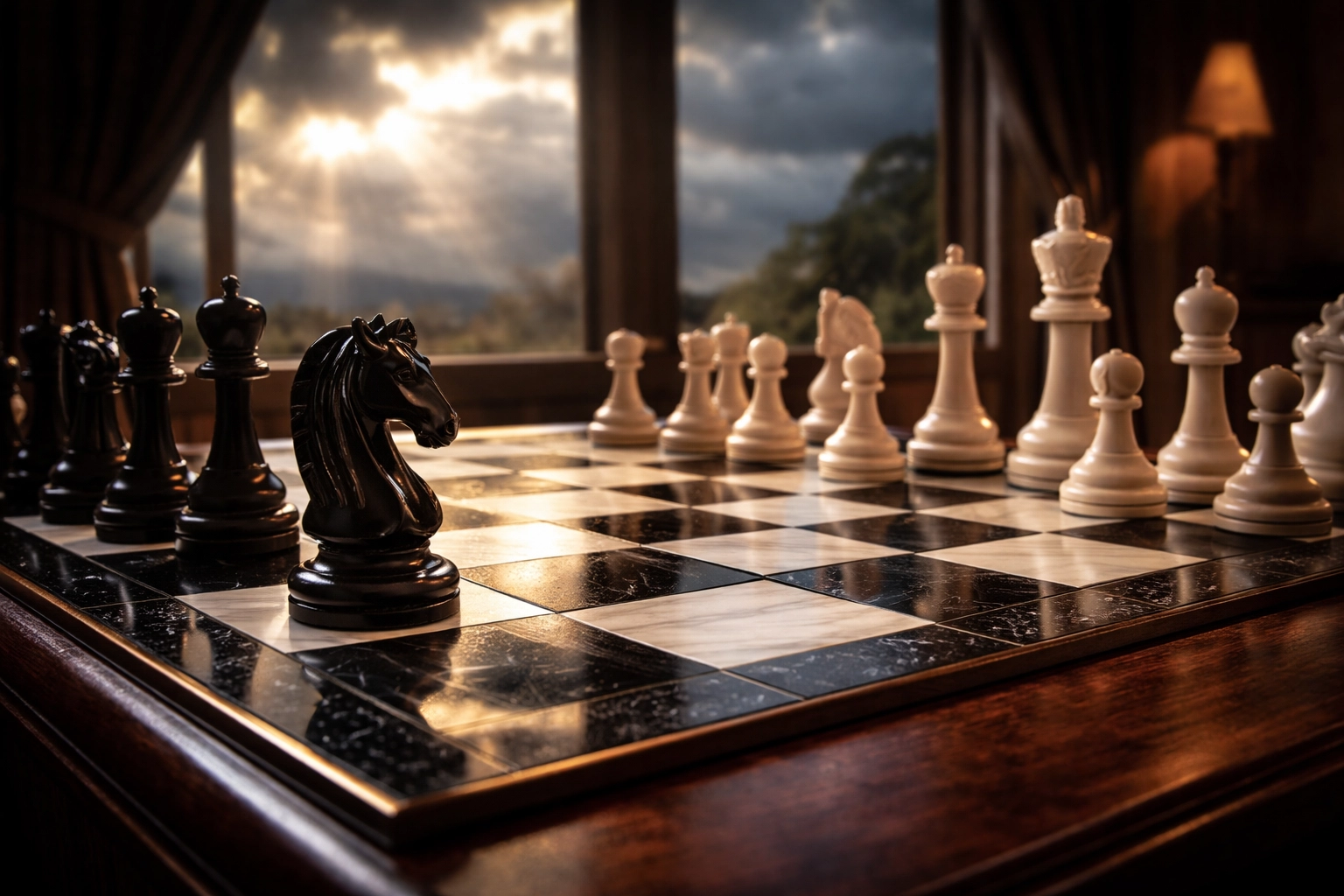 Chess board with knight piece and stormy sky, symbolizing calculated risk management for accredited investors