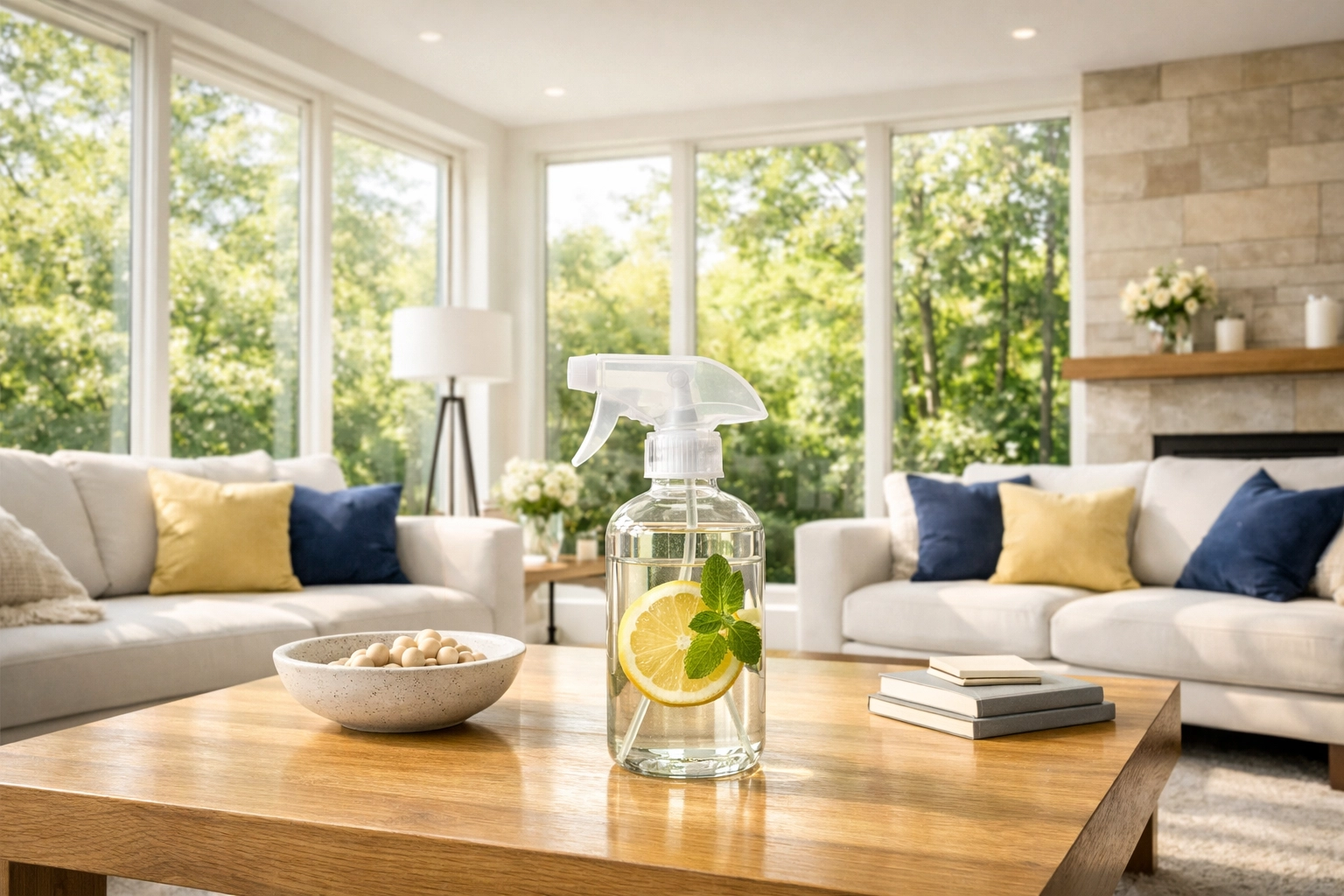 Natural eco-friendly luxury house cleaning Brookline in a bright high-end living room.