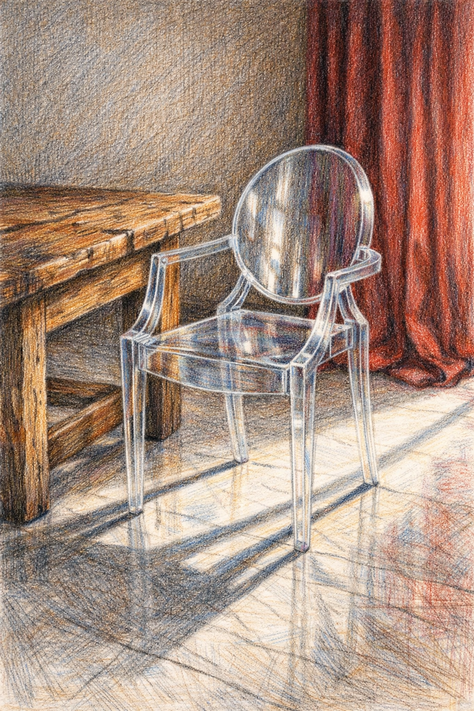 Philippe Starck style mix featuring a Ghost chair, rustic wood table, and marble floors.