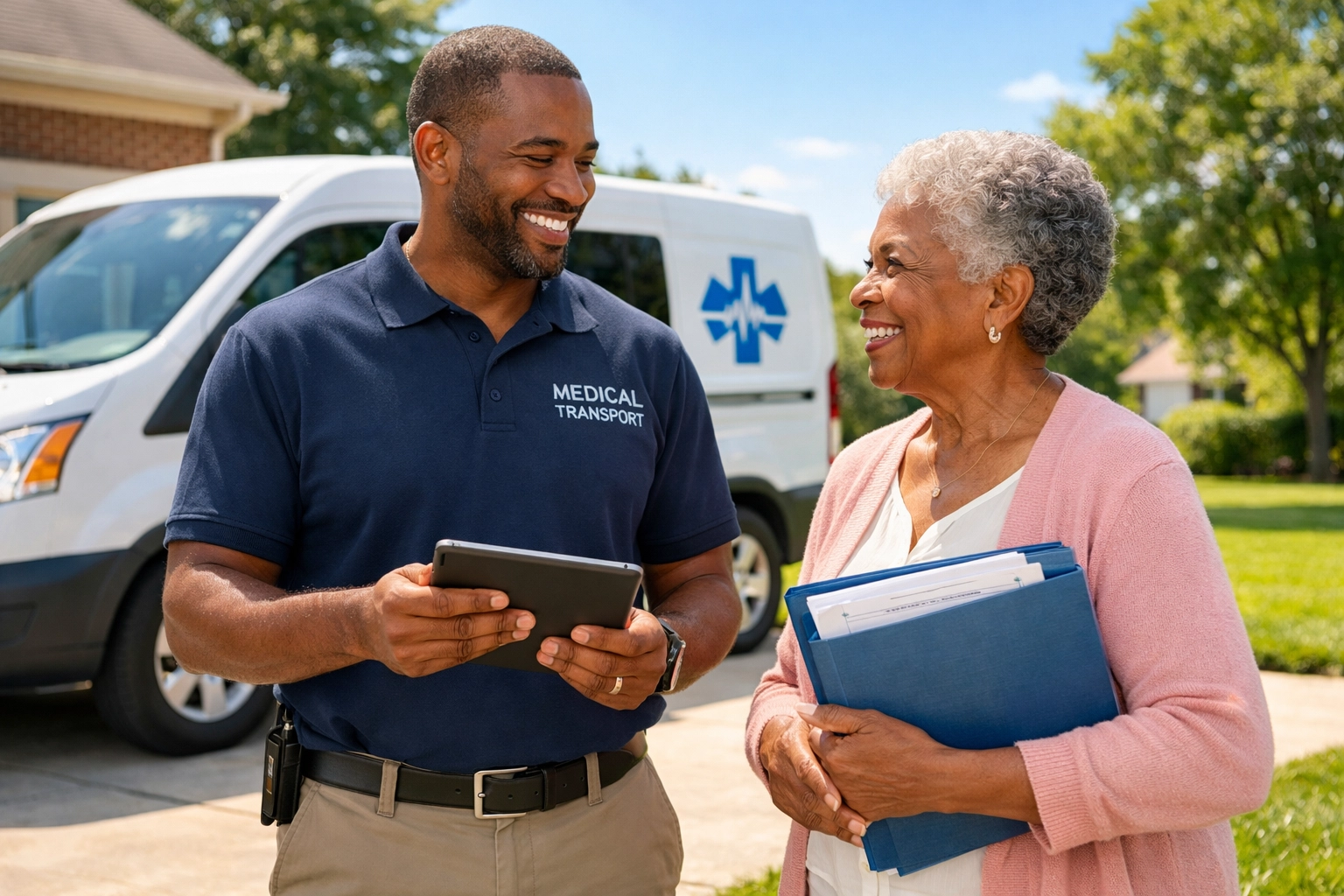 A professional driver assisting an elderly woman with medical transportation documents in Raleigh, NC.