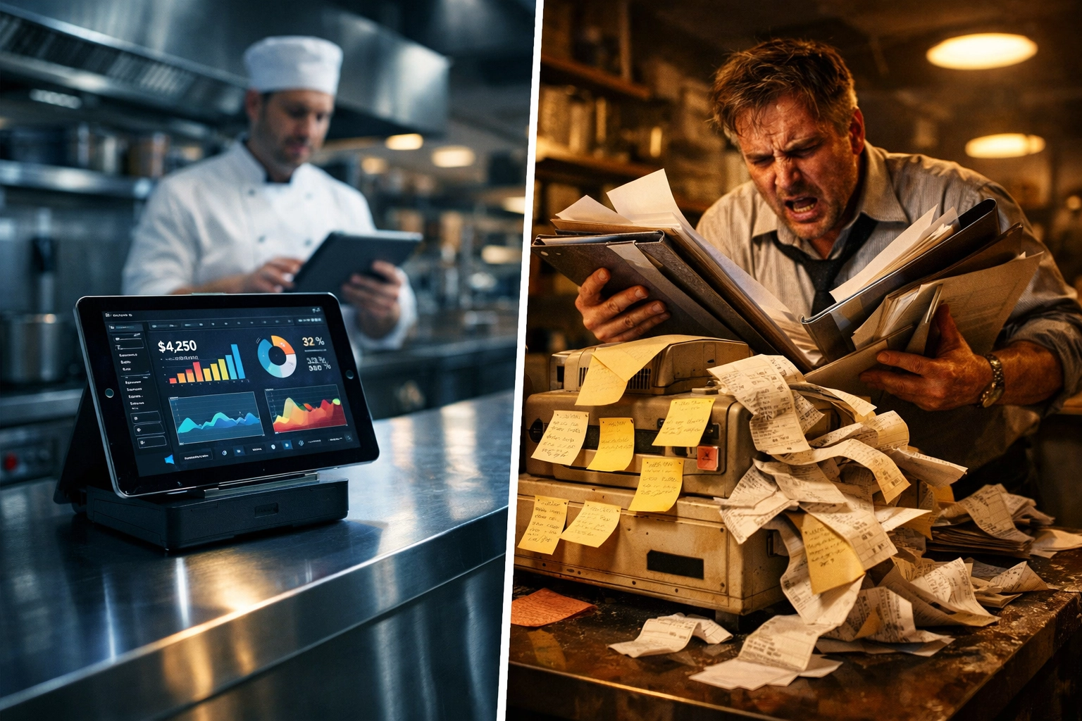Modern restaurant POS system compared to outdated cash register