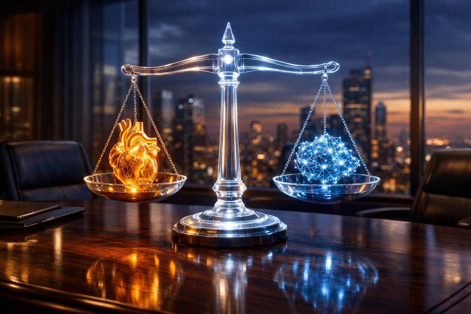 Symbolic representation of AI ethics and human intent using scales of justice in a boardroom.