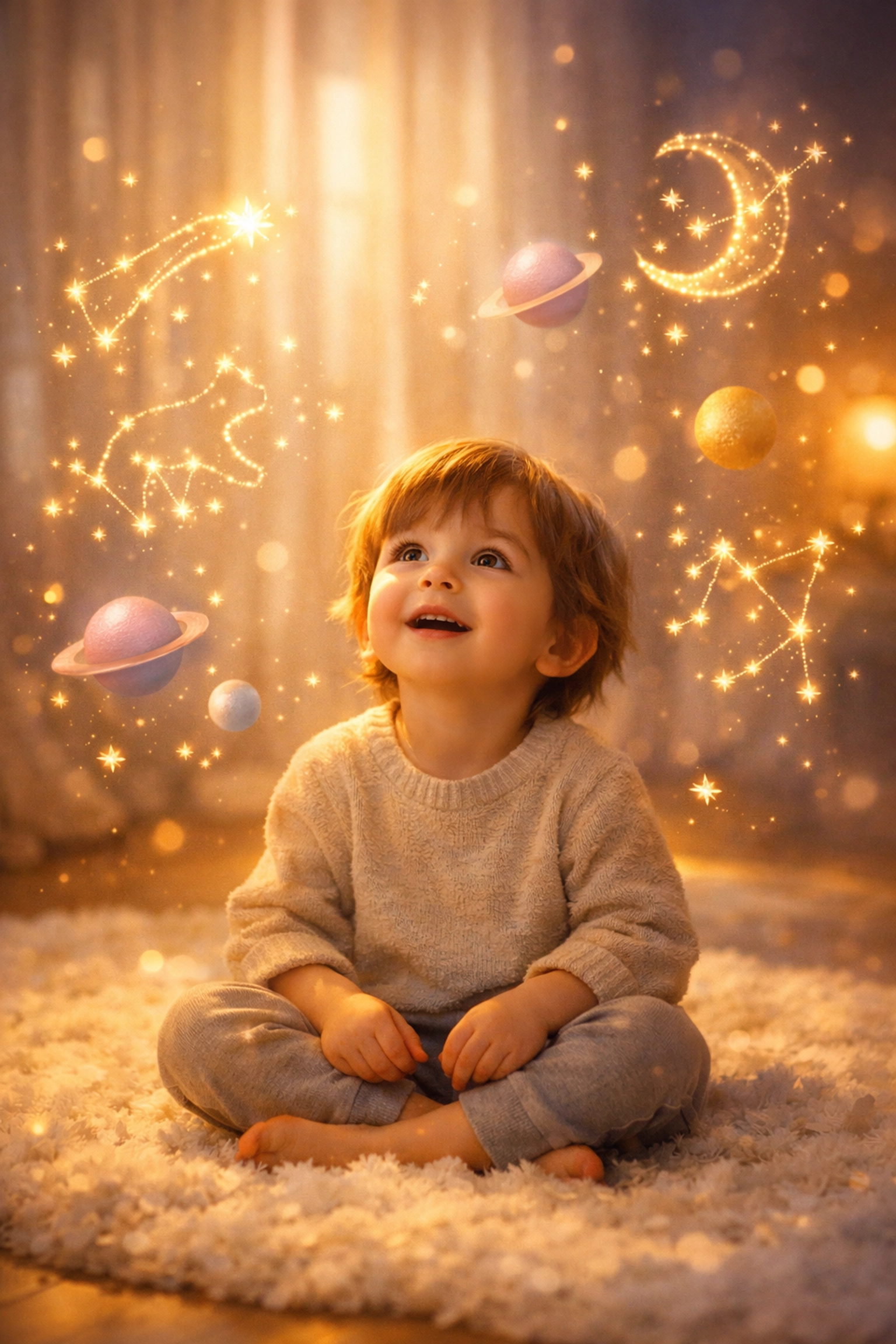 Child surrounded by glowing planetary symbols showing how astrology helps parents understand their child's nature.