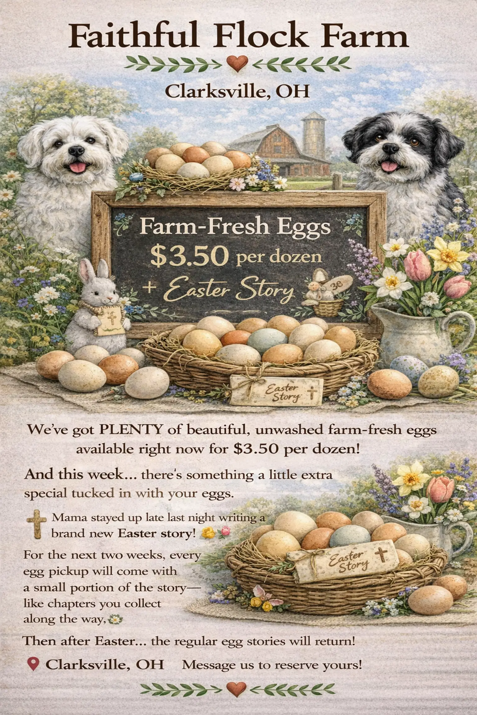 Easter egg display with a fluffy white Maltese dog, a black-and-white Shih Tzu dog, and spring flowers