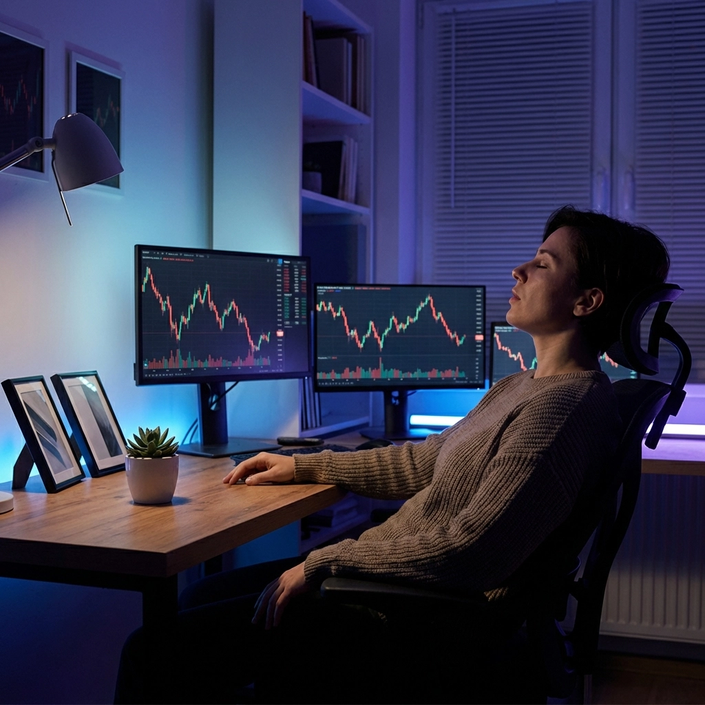 Trader relaxing in a dim home office after trading, showing emotional control and discipline in crypto trading