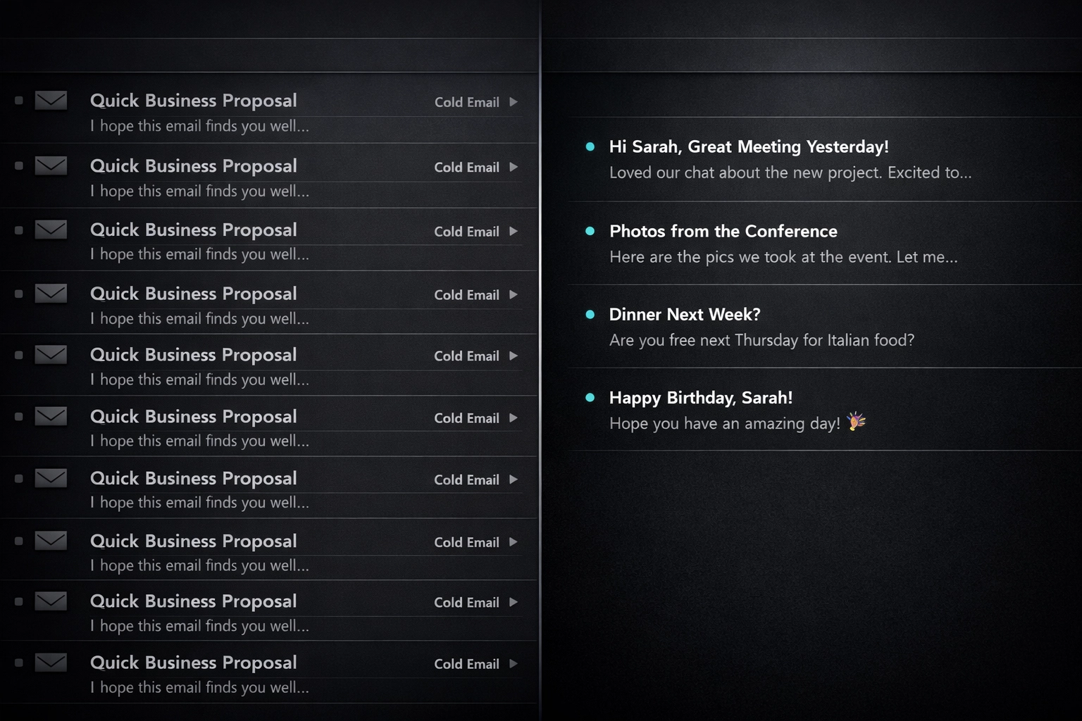Split-screen comparison: cluttered inbox with generic AI bot emails vs clean inbox with personalized AI SDR outreach