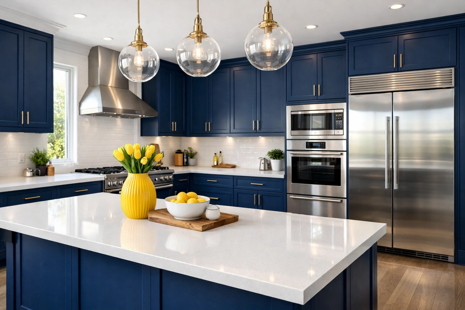 Spotless modern kitchen after professional post-renovation deep cleaning with polished quartz countertops.