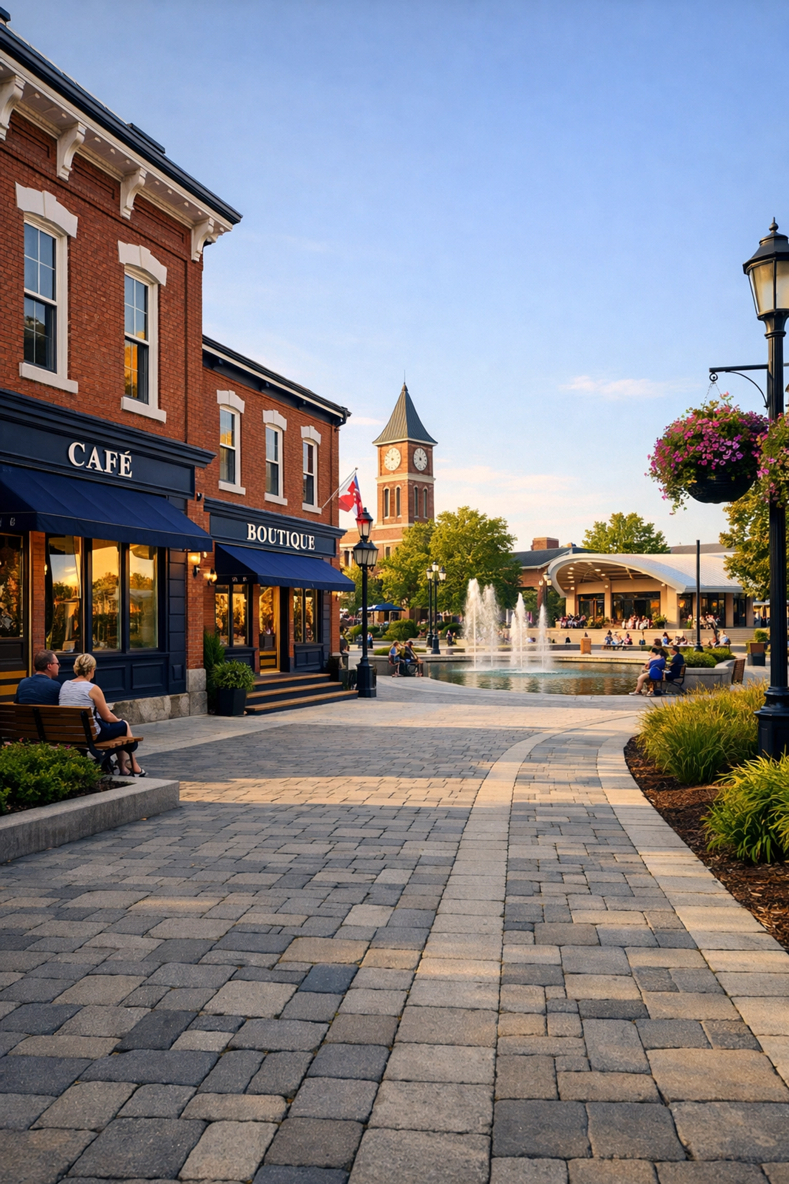Walkable historic downtown Newmarket real estate featuring heritage red brick buildings and community spaces.