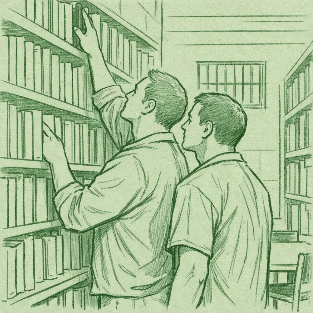 Two men creating private moment in prison library for gay romance connection