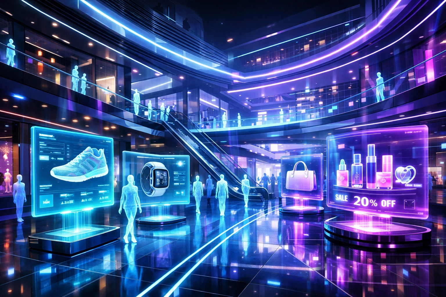 Futuristic metaverse shopping mall with holographic displays and avatar shoppers in virtual store