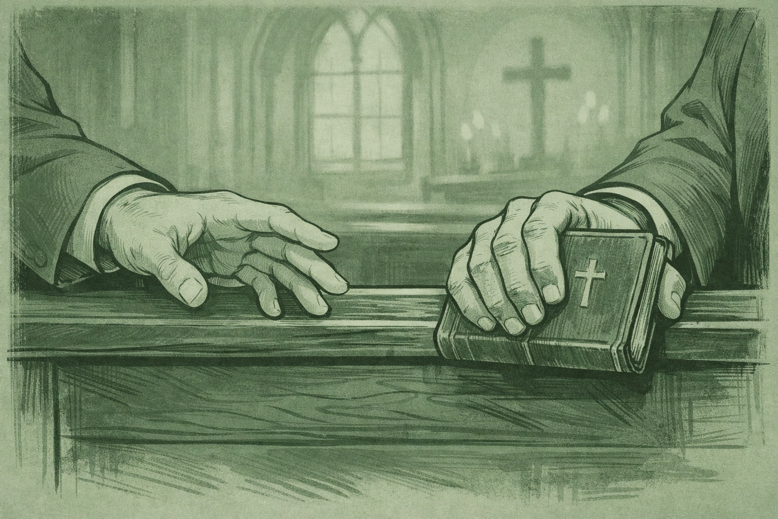 Two men’s hands near each other on a church pew, symbolizing the tension of faith and queer desire.