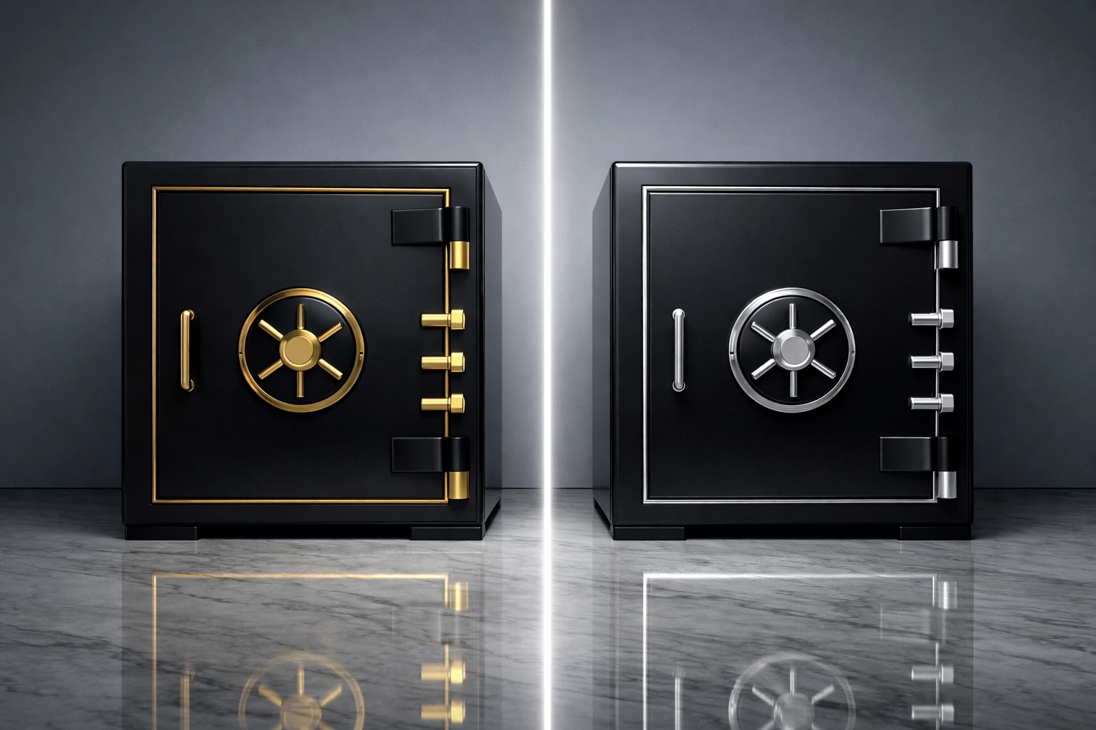 Two secure bank vaults representing the separation of personal and business finances.