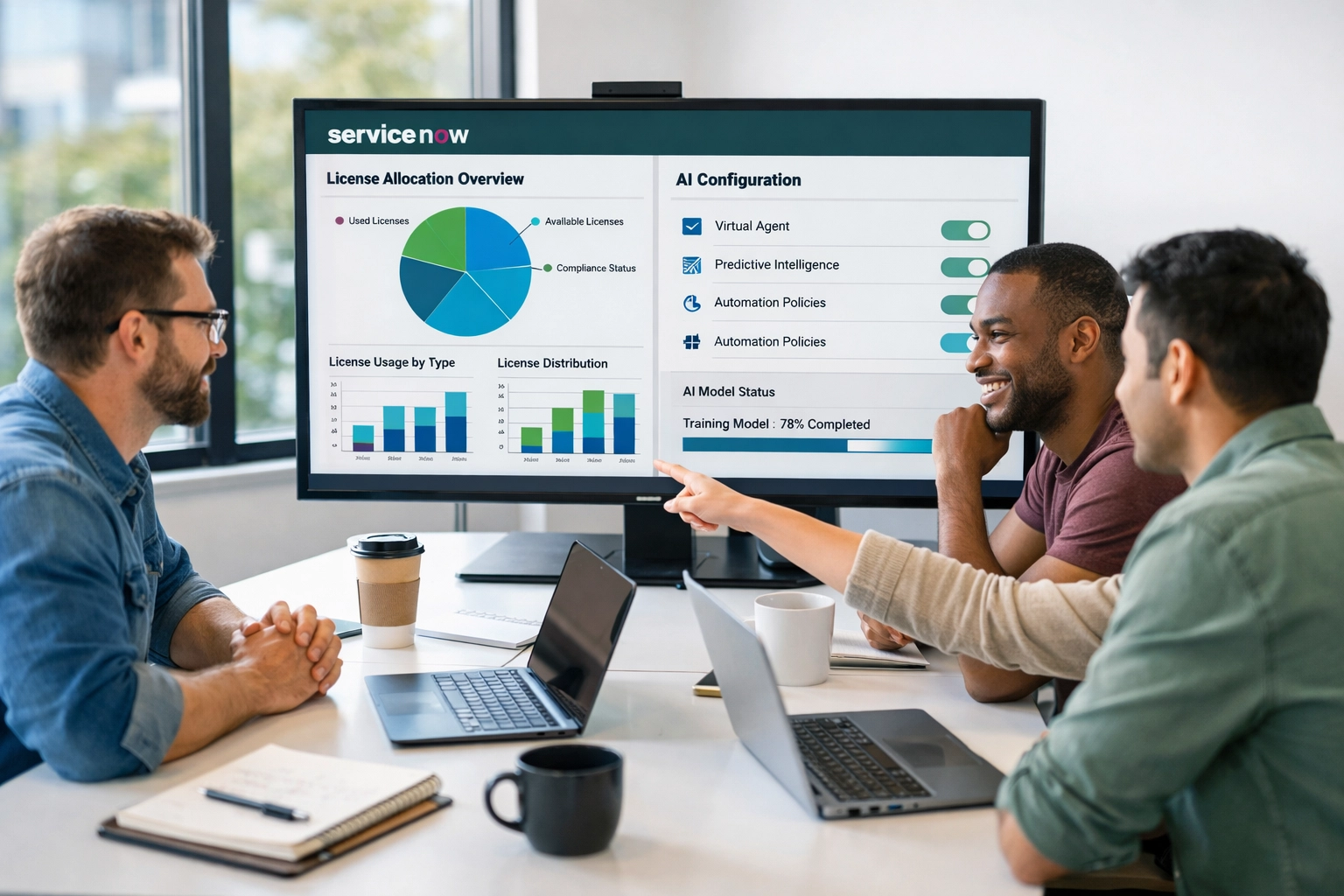IT consulting team reviewing ServiceNow license audit and optimization strategies