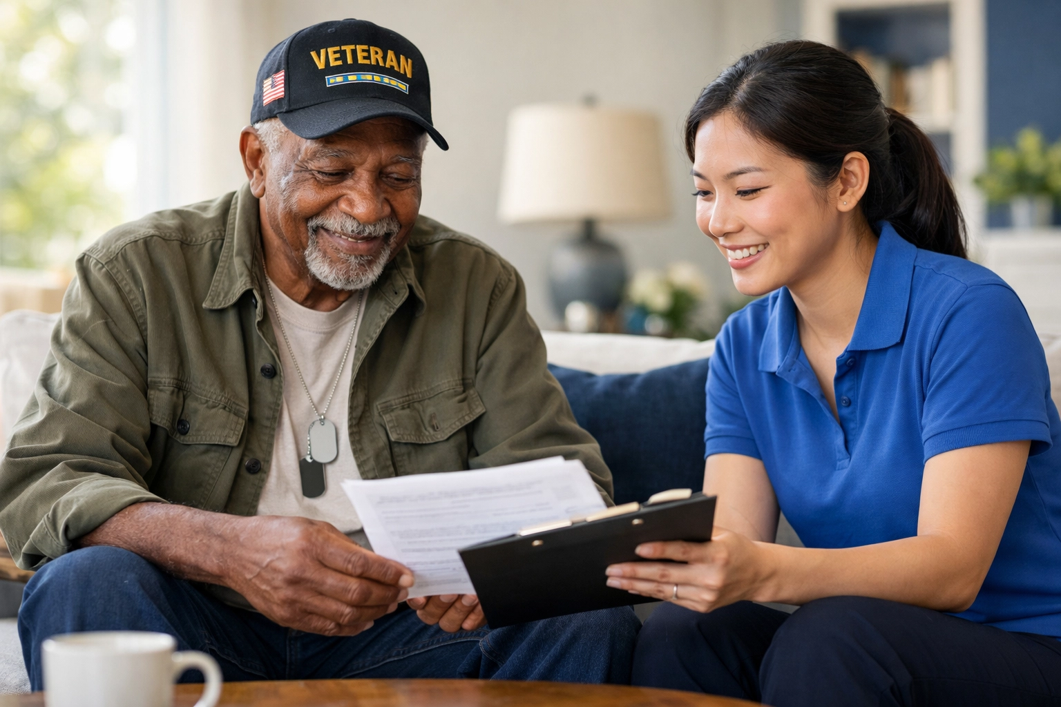 Caregiver helping an elderly veteran review VA Aid and Attendance documents in Prince William County.