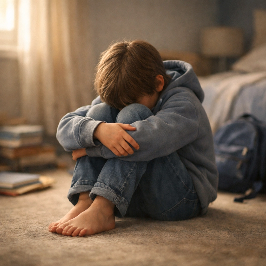 Neurodivergent child in shutdown mode after school, sitting withdrawn on bedroom floor