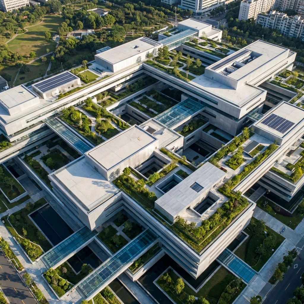 Layered modern building viewed from above, illustrating hedge fund portfolio diversification and stability.