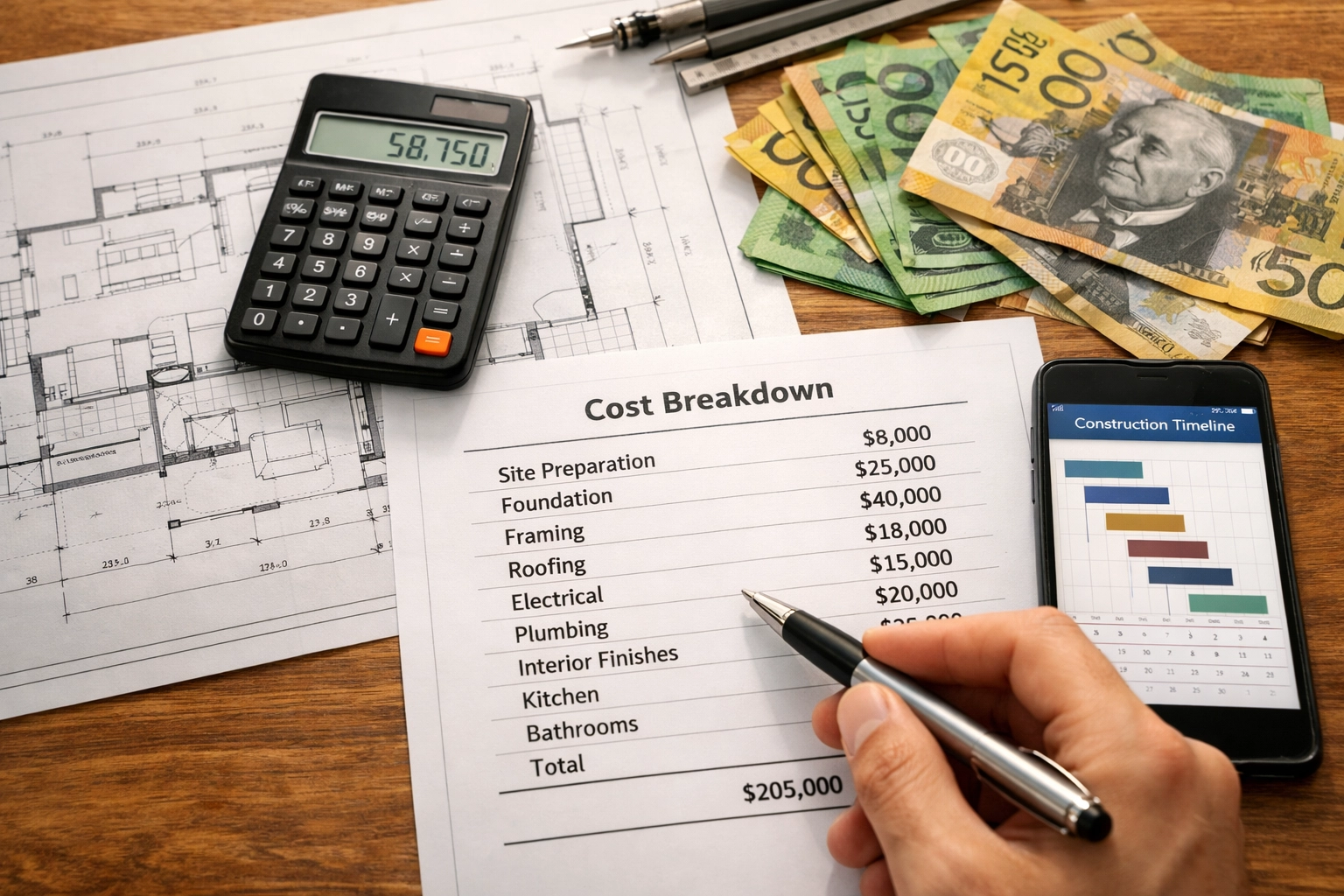 Construction budget breakdown with blueprints and cost calculations for home building