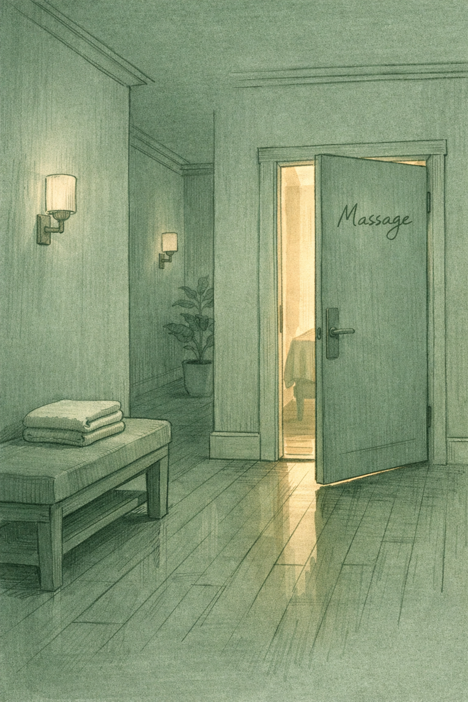 Empty spa hallway after hours with massage room door open and soft light