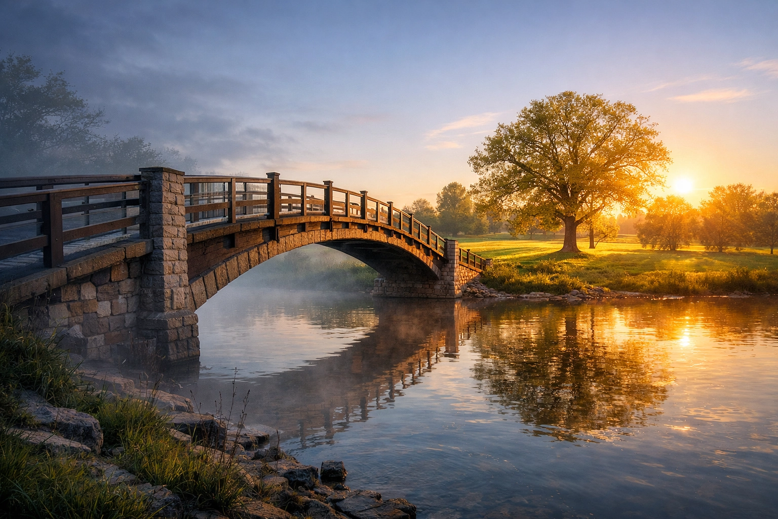 A stone bridge in Ohio at sunrise representing the transition from inpatient care to stable mental health aftercare.