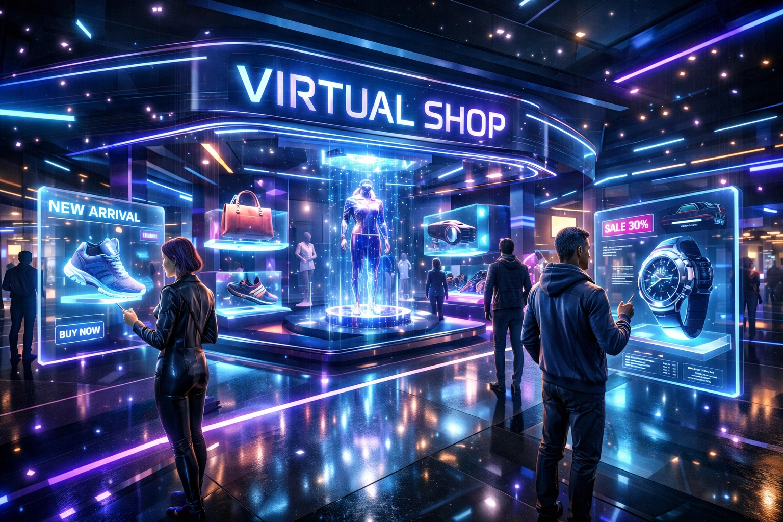 Virtual storefront in Larecoin metaverse with avatars browsing holographic product displays