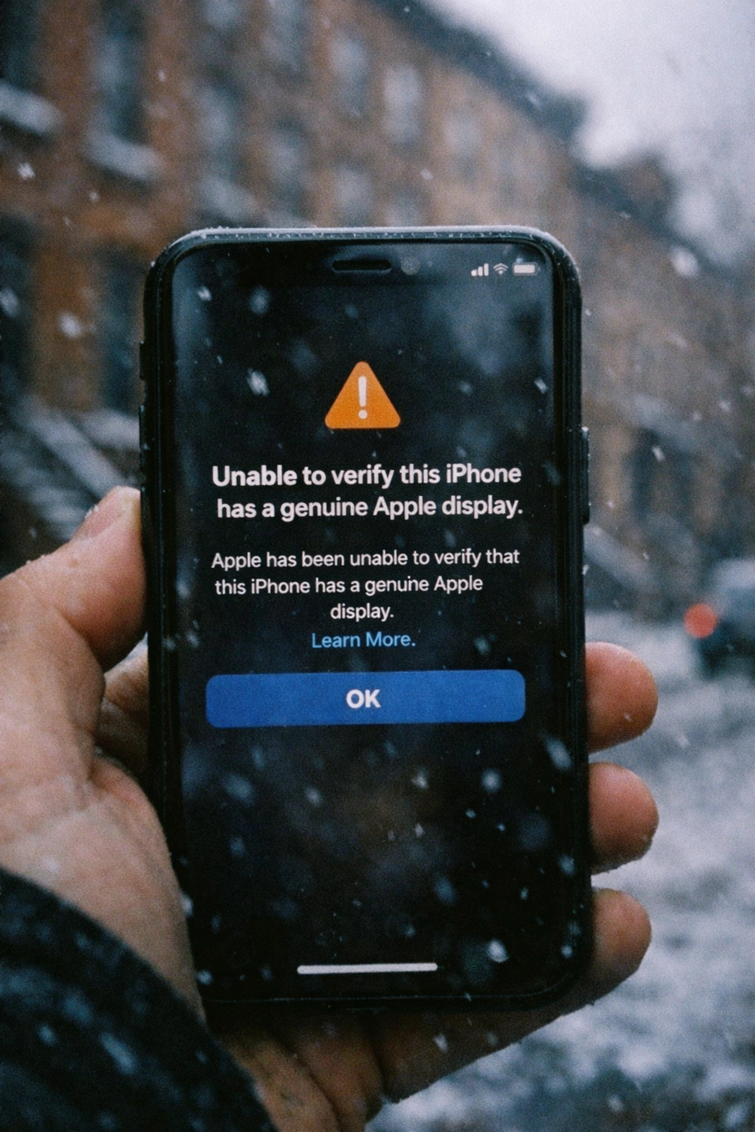 iPhone displaying non-genuine part warning message on snowy Brooklyn street after screen repair