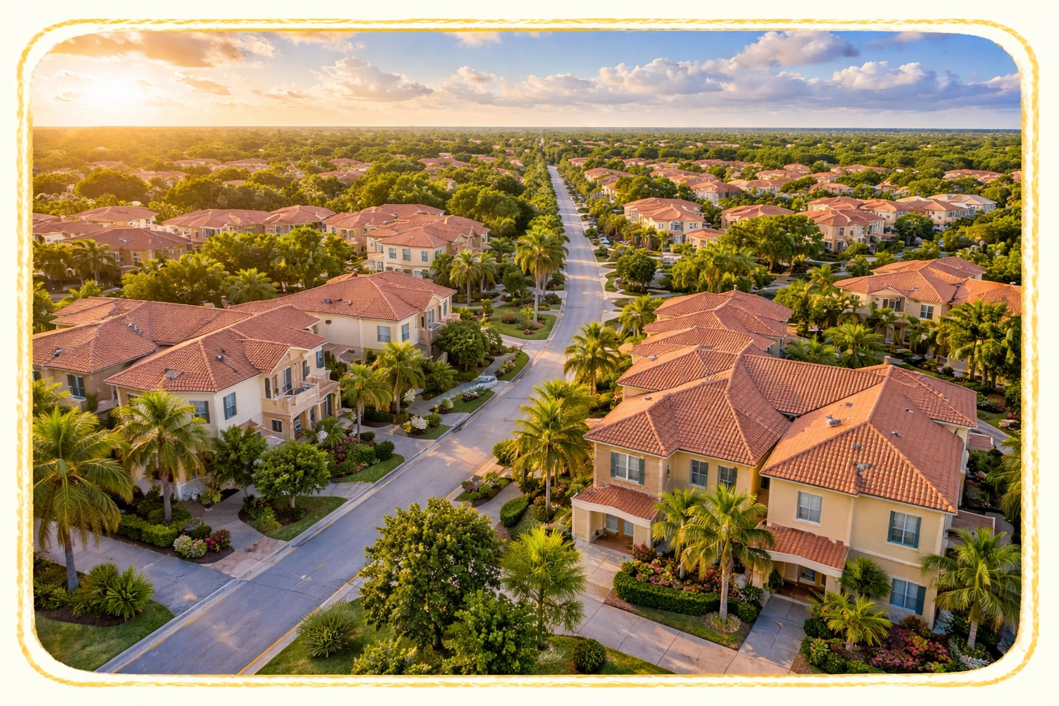 Aerial view of West Park, FL townhomes and single-family houses with tree-lined streets and lush landscaping