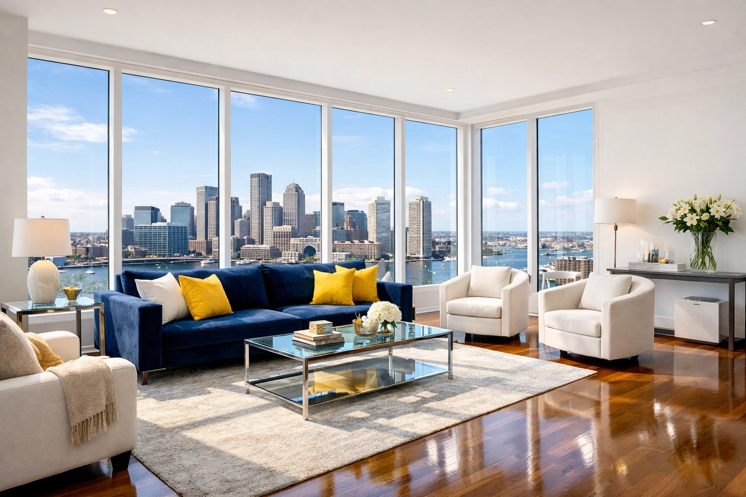Sunlit luxury living room showing top-tier apartment cleaning in Boston with polished hardwood floors.