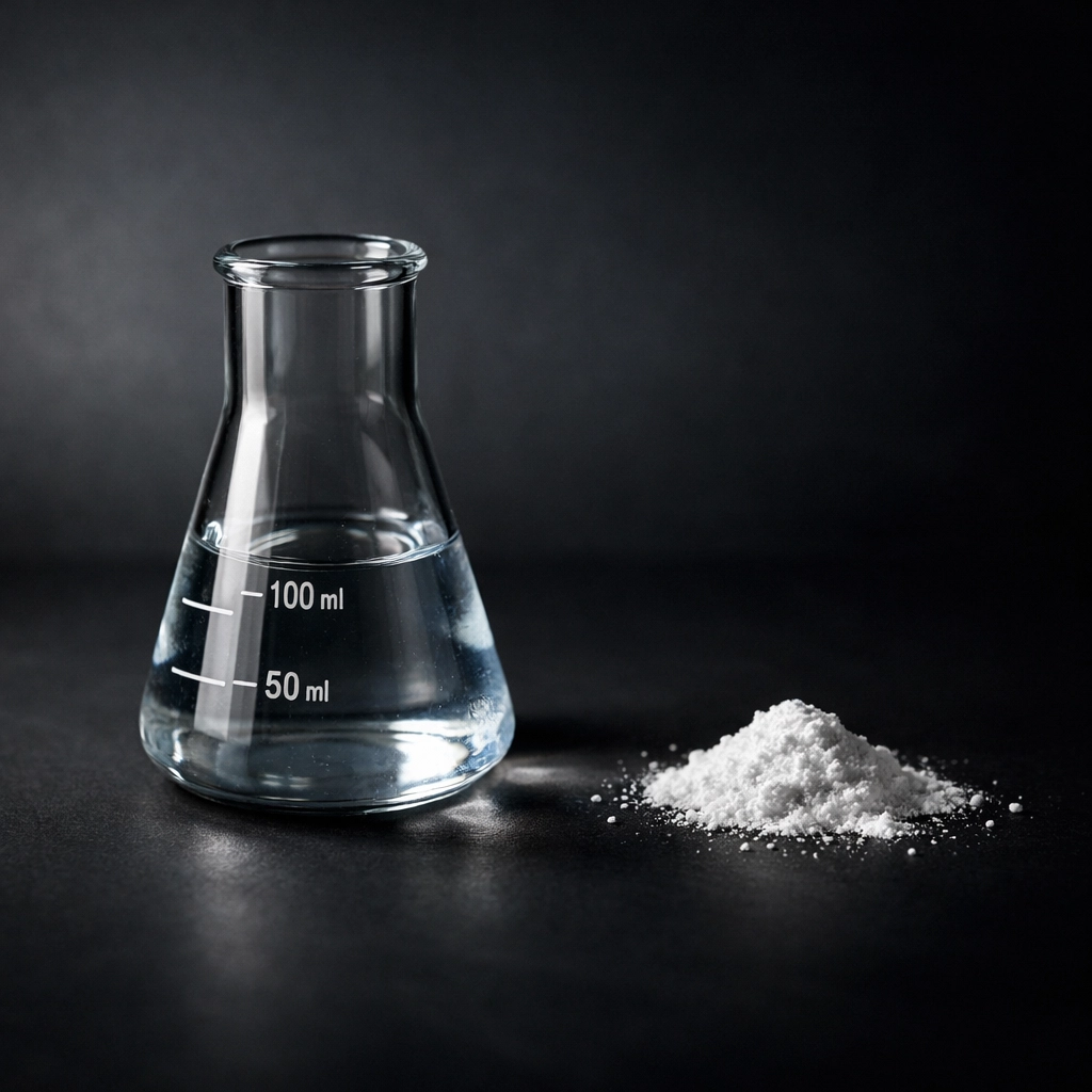 Glass beaker with water and preservatives illustrating traditional lotion formulation