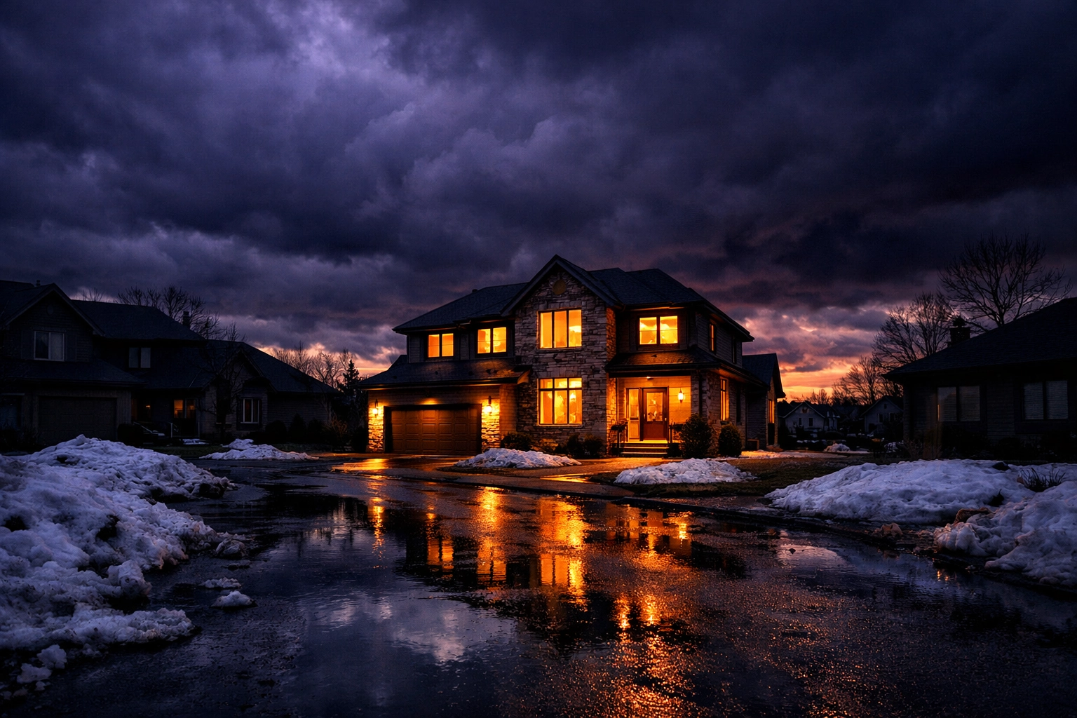 Illuminated Ottawa home during a power outage caused by spring storms and melting snow.