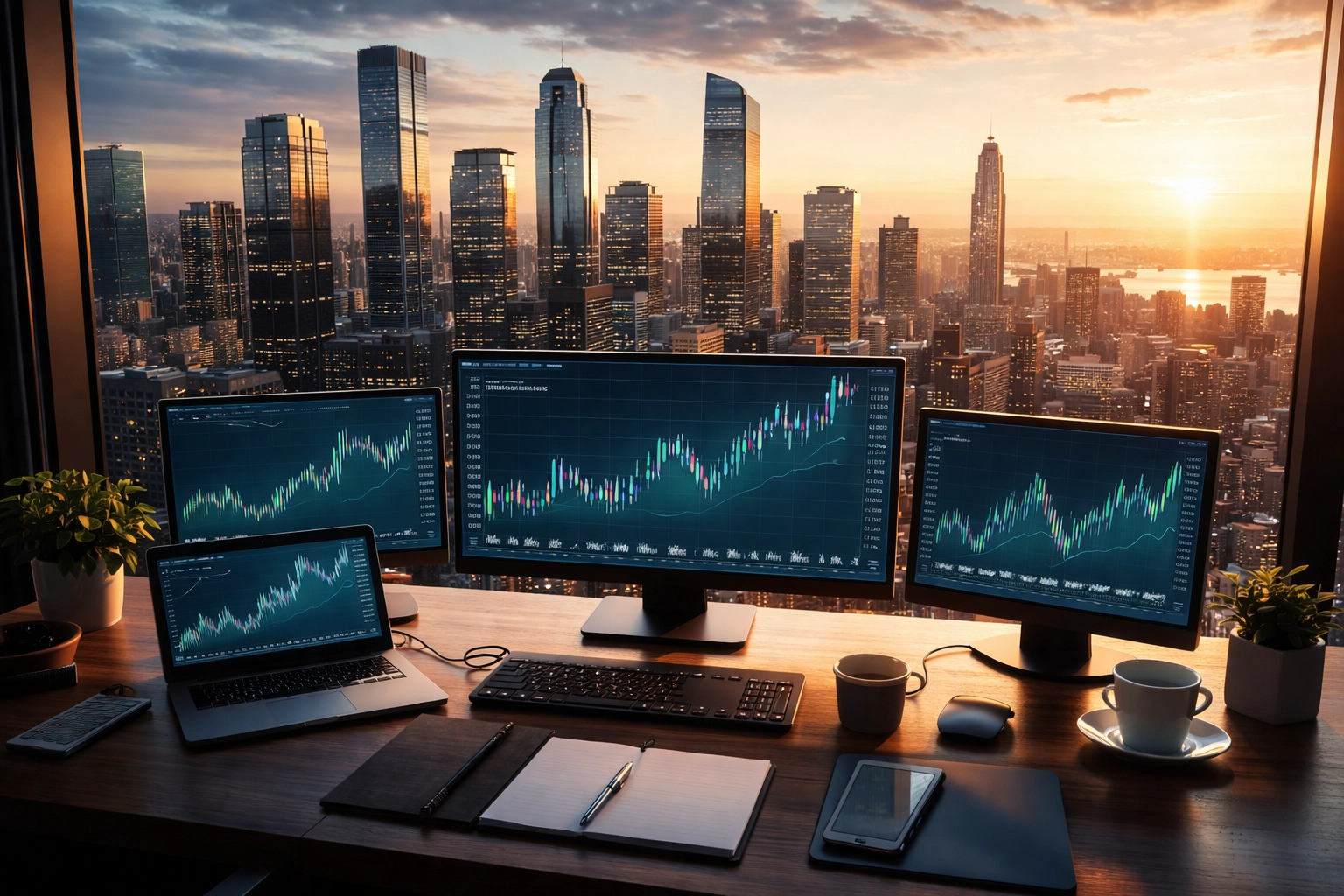 Modern city skyline with investor desk and charts, highlighting diverse portfolio strategies in 2026
