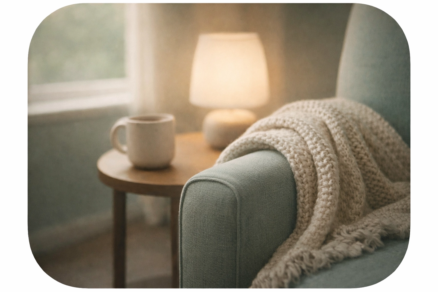 Warm, welcoming therapy room detail (cozy chair, soft light) symbolizing safety and trust
