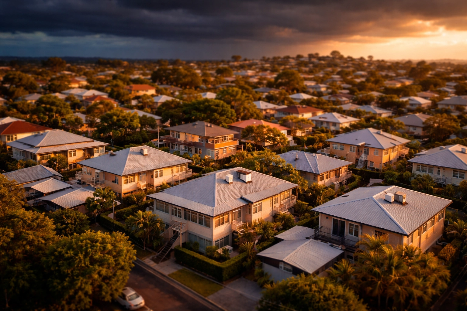 Aerial view of Brisbane suburb rooftops with visible air conditioning units, highlighting local HVAC service areas.