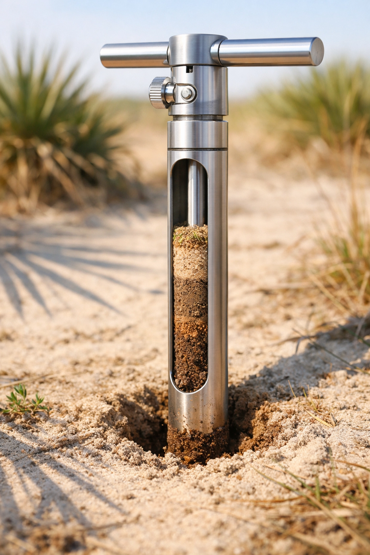 Soil sampling tool performing a Phase II environmental site assessment on Florida commercial property.