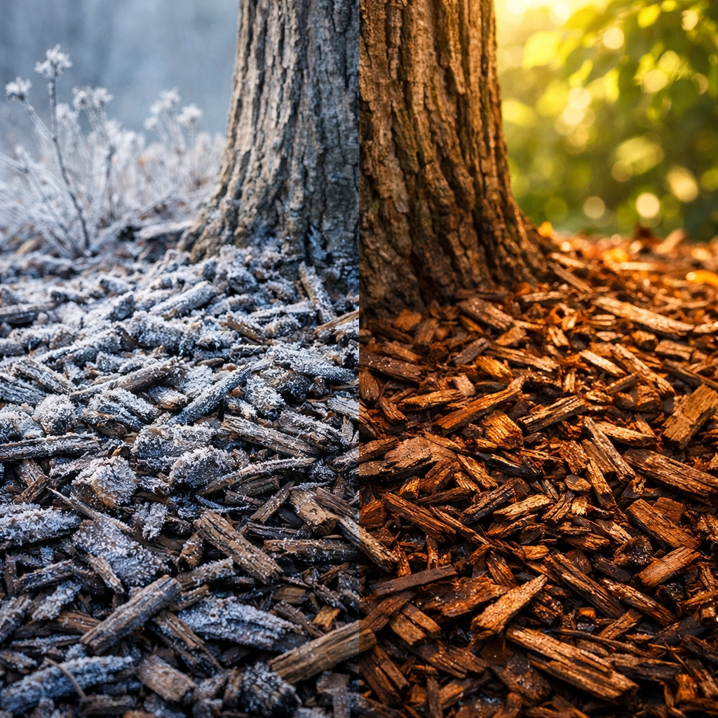 Hardwood mulch installation protecting tree roots from Michigan's extreme seasonal temperatures.