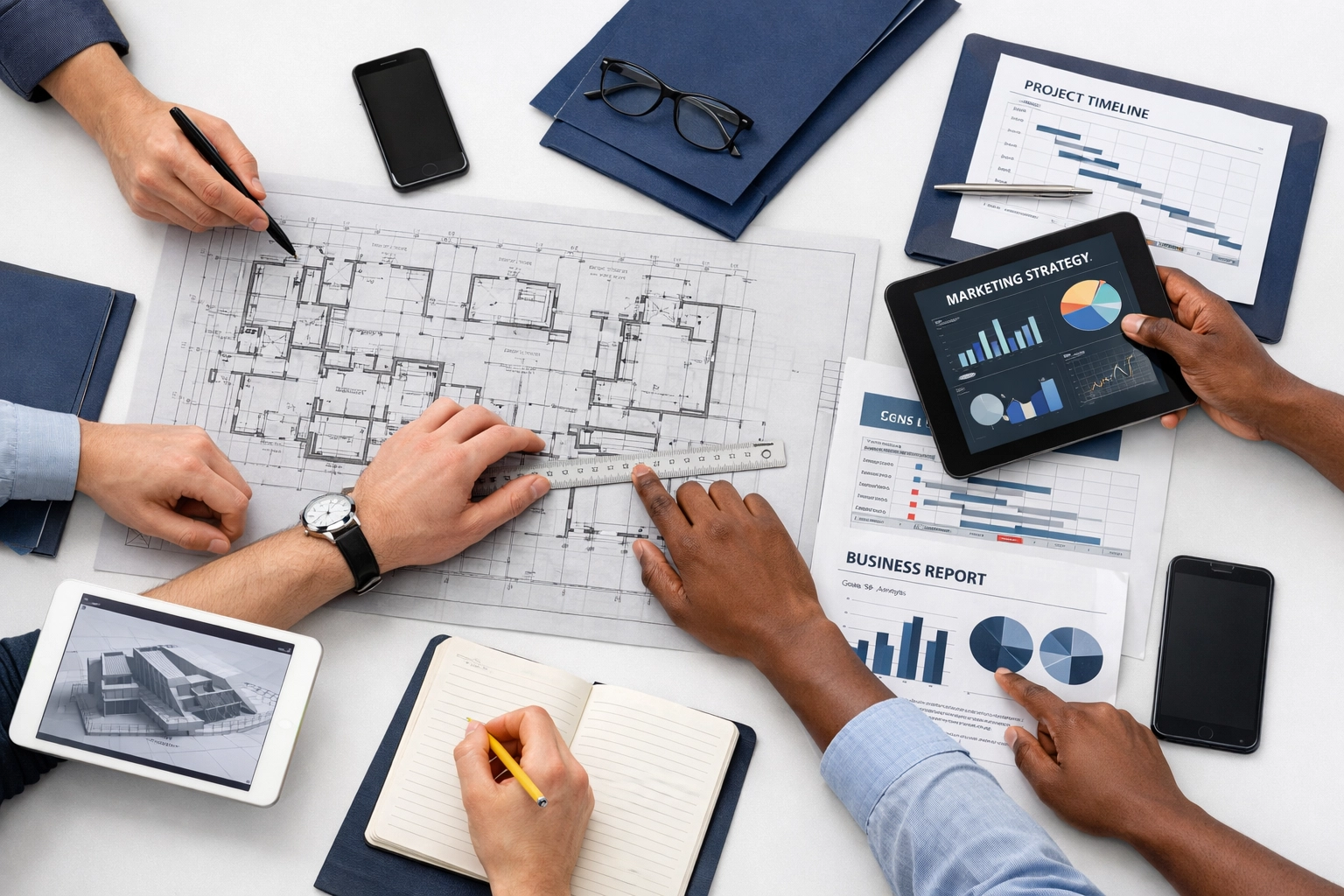 Diverse team planning AI governance framework with strategic blueprints and technology Diverse team planning AI governance framework with strategic blueprints and technology
