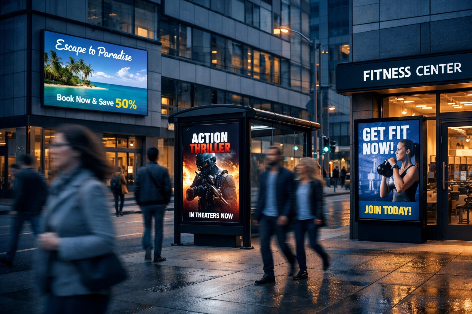 Digital billboards at targeted urban locations including bus shelter and fitness center for precision DOOH advertising