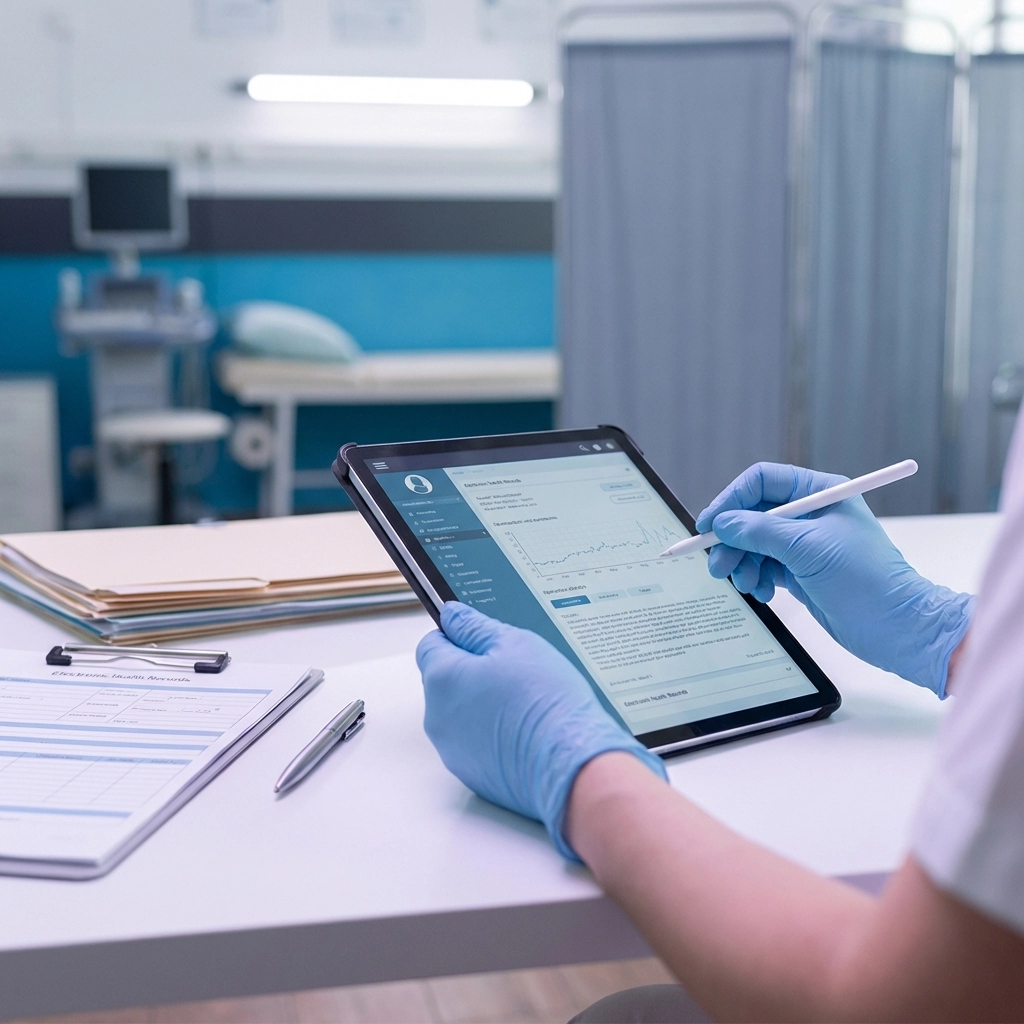 Medical professional reviewing ASC patient charts and records to ensure proper survey documentation