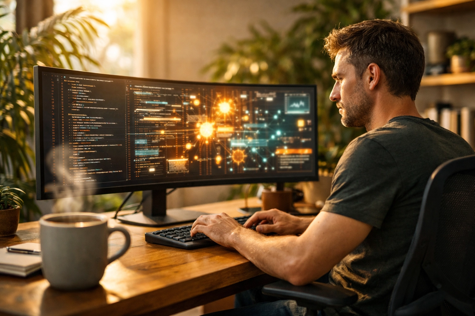 Software engineer using AI agents for custom development to increase coding productivity.