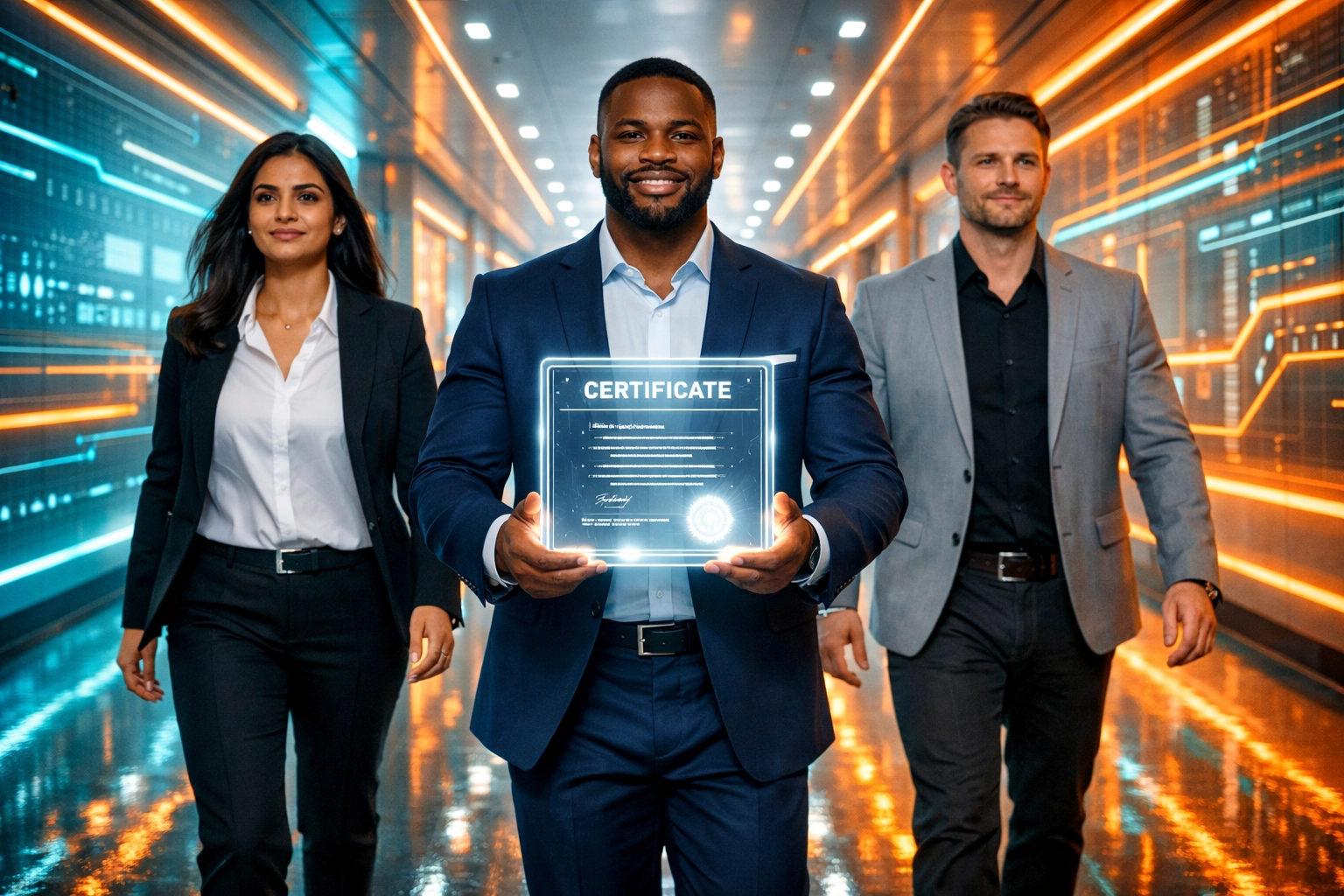Erfolgreiche Absolventen mit Zertifikaten nach einem professionellen KI-Training für Unternehmen.