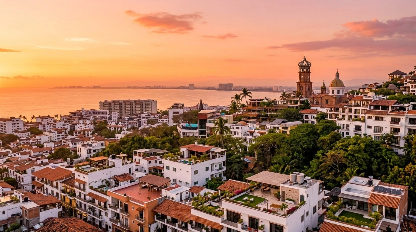 A beautiful sunset view from the Faro de Matamoros lighthouse in Puerto Vallarta. The orange and pink sky reflects on the ocean of Banderas Bay. You can see the iconic crown of the Our Lady of Guadalupe church in the distance. Lush green hills and colorful rooftops of the city below.
