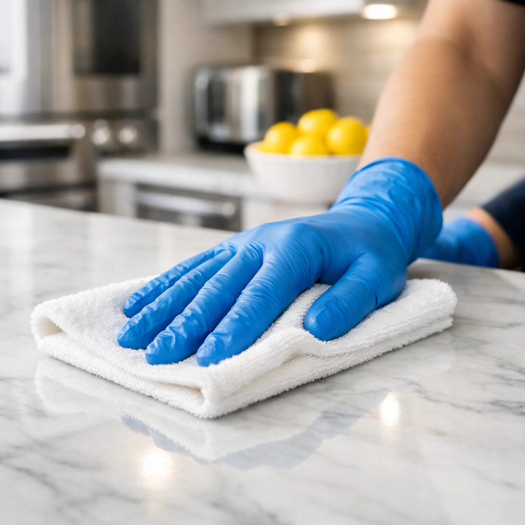 Professional house cleaning Worcester MA expert polishing a marble kitchen countertop for a spotless finish.