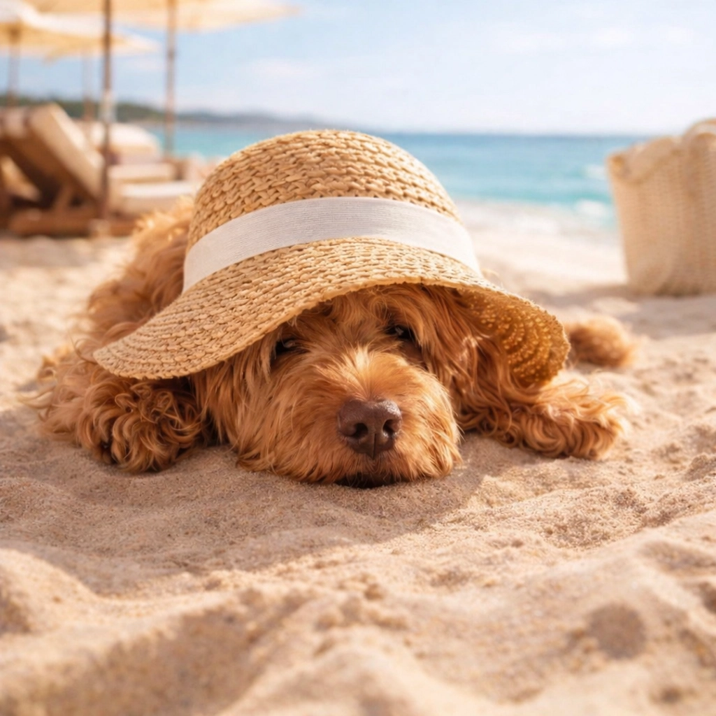 Ted E. Bear, our Chief Morale Officer, soaking up the good life in his beach hat.