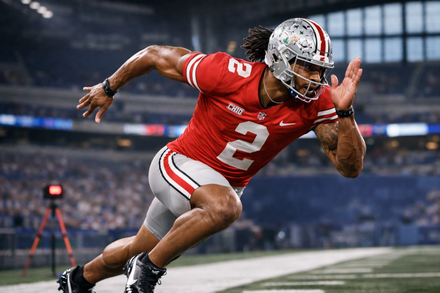 Lorenzo Styles Jr. sprints during the 40-yard dash at the 2026 NFL Combine in Lucas Oil Stadium.