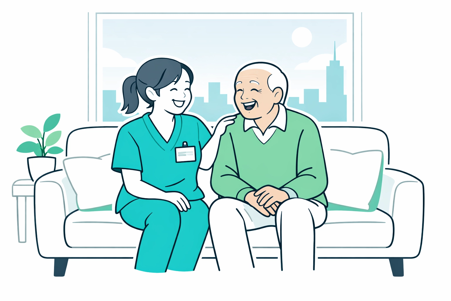 Senior man and caregiver enjoying companion care services at home with the Austin skyline in the background.