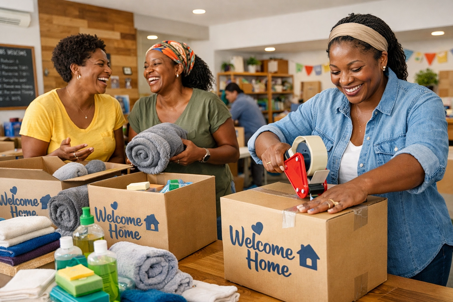 Volunteers in Burlington County packing welcome home kits to support local families in need.